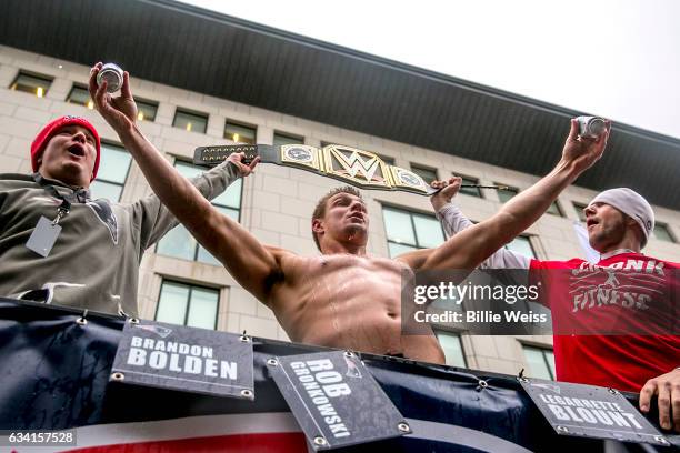 Rob Gronkowski of the New England Patriots celebrates during the Super Bowl victory parade on February 7, 2017 in Boston, Massachusetts. The Patriots...