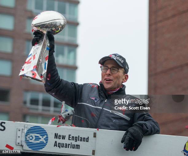 New England Patriots president Jonathan Kraft celebrates during the New England Patriots victory parade on February 7, 2017 in Boston, Massachusetts....