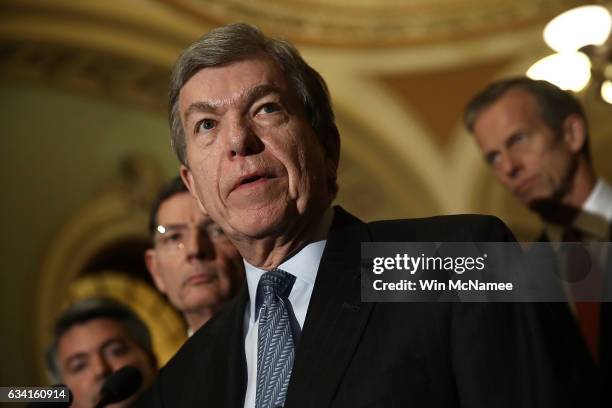 Sen. Roy Blunt answers questions at the U.S. Capitol February 7, 2017 in Washington, DC. Blunt and members of the Senate Republican leadership...