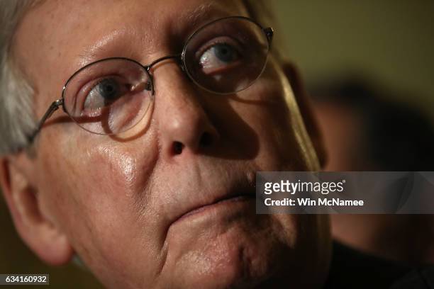 Senate Majority Leader Mitch McConnell answers questions at the U.S. Capitol February 7, 2017 in Washington, DC. McConnell and members of the Senate...