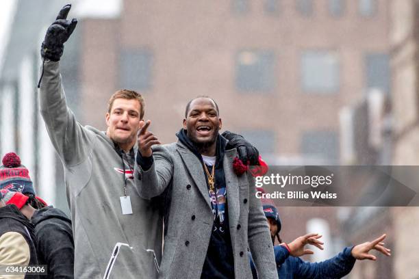 Rob Gronkowski and Martellus Bennett of the New England Patriots celebrate during the Super Bowl victory parade on February 7, 2017 in Boston,...