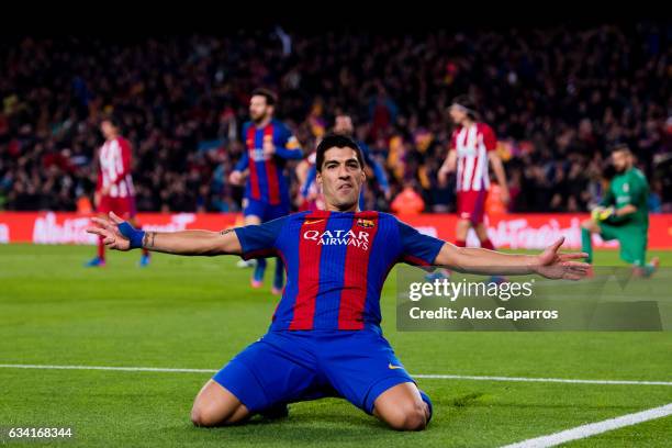 Luis Suarez of FC Barcelona celebrates after scoring the opening goal during the Copa del Rey semi-final second leg match between FC Barcelona and...