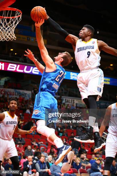 Alex Caruso of the Oklahoma City Blue has his shot blocked by Wes Washpun of the Iowa Energy in an NBA D-League game on February 7, 2017 at the Wells...