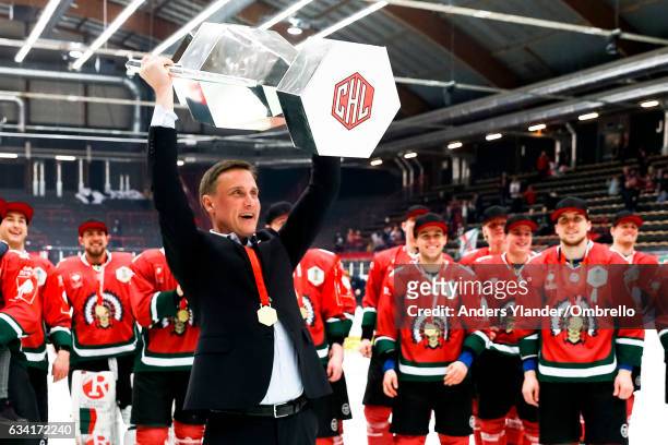 Roger Ronnberg, head coach of Frolunda Gothenburg celebrates after the victory in Champions Hockey League during the Champions Hockey League Final...