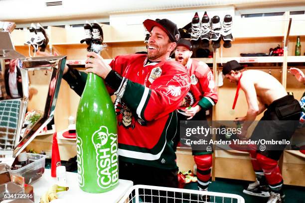 Joel Lundqvist celebrates after the victory during the Champions Hockey League Final between Frolunda Gothenburg and Sparta Prague at Frolundaborgs...