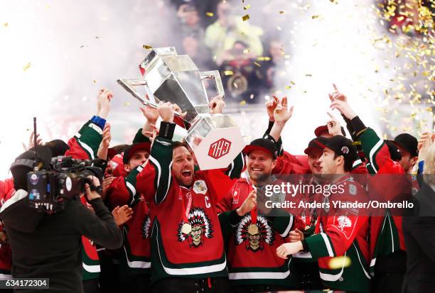 Players of Frolunda celebrates after the victory during the Champions Hockey League Final between Frolunda Gothenburg and Sparta Prague at...