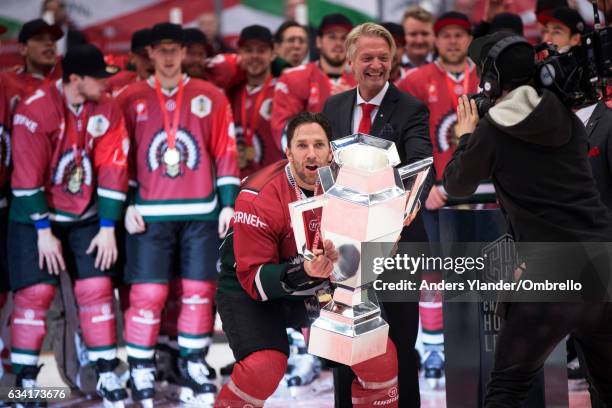 Joel Lundqvist celebrates after winning the Champions Hockey League Final between Frolunda Gothenburg and Sparta Prague at Frolundaborgs Isstadion on...