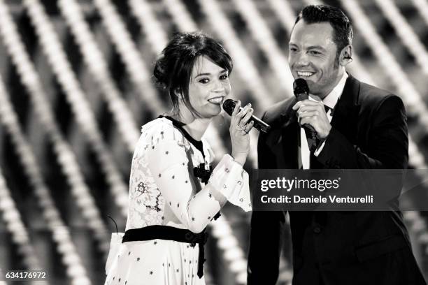 Carmen Consoli and Tiziano Ferro attend the opening night of the 67th Sanremo Festival 2017 at Teatro Ariston on February 7, 2017 in Sanremo, Italy.