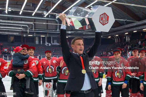 Roger Ronnberg, head coach of Frolunda Gothenburg celebrates after wining the Champions Hockey League Final between Frolunda Gothenburg and Sparta...