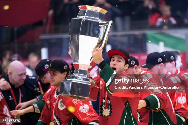 Casey Wellman celebrates after winning the Champions Hockey League Final between Frolunda Gothenburg and Sparta Prague at Frolundaborgs Isstadion on...