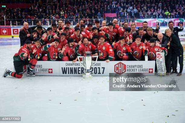 Players of the Frolunda Gothenburg celebrates after winning the Champions Hockey League Final between Frolunda Gothenburg and Sparta Prague at...