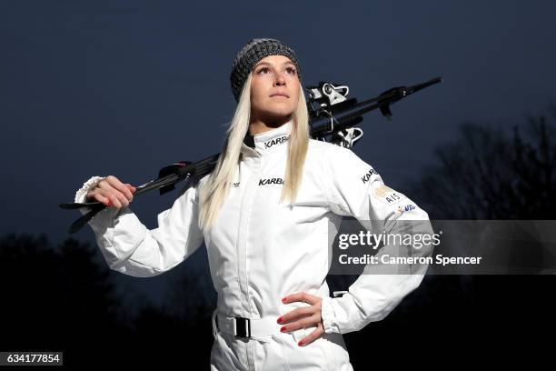 Australian freestyle skier Danielle Scott poses during an Australian Aerials Team Portrait Session at Phoenix Park ahead of the FIS World Cup Aerials...