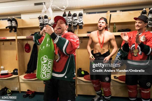 Joel Lundqvist celebrates after winning the Champions Hockey League Final between Frolunda Gothenburg and Sparta Prague at Frolundaborgs Isstadion on...