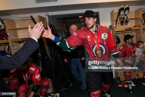 Henrik Tommernes celebrates after winning the Champions Hockey League Final between Frolunda Gothenburg and Sparta Prague at Frolundaborgs Isstadion...