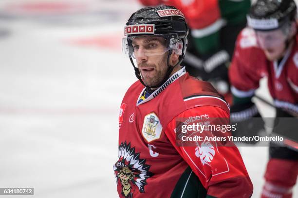 Joel Lundqvist of the Frolunda Gothenburg reacts during the Champions Hockey League Final between Frolunda Gothenburg and Sparta Prague at...
