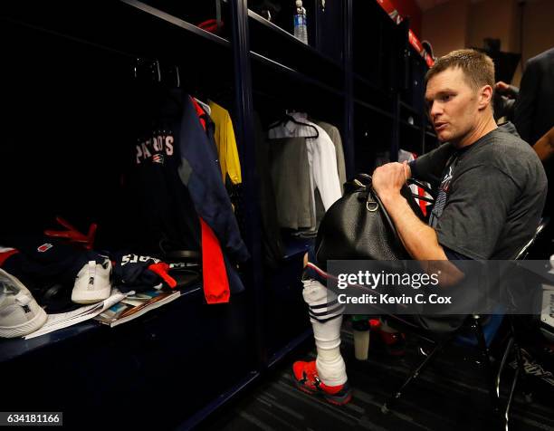 Tom Brady of the New England Patriots reacts in the locker room after defeating the Atlanta Falcons during Super Bowl 51 at NRG Stadium on February...