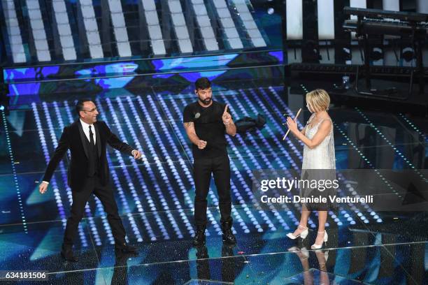 Carlo Conti, Ricky Martin and Maria De Filippi attend the opening night of the 67th Sanremo Festival 2017 at Teatro Ariston on February 7, 2017 in...