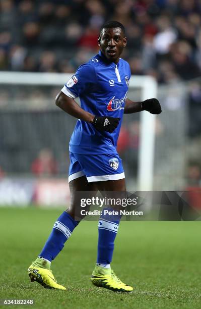 Tope Obadeyi of Oldham Athletic in action during the Sky Bet League One match between Milton Keynes Dons and Oldham Athletic at StadiumMK on February...