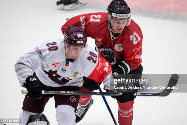 Petr Vrana of the Sparta Prague and Christoffer Ehn of the Frolunda Gothenburg battle for the puck during the Champions Hockey League Final between...