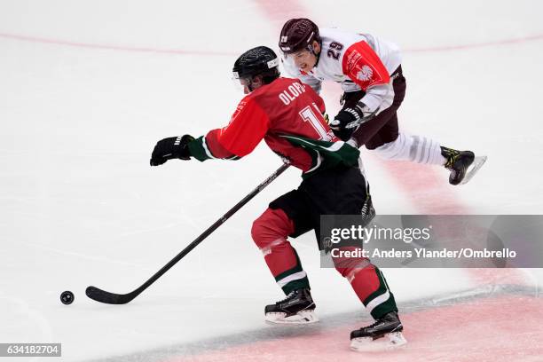 Victor Olofsson of the Frolunda Gothenburg skates against Petr Kalina of the Sparta Prague during the Champions Hockey League Final between Frolunda...