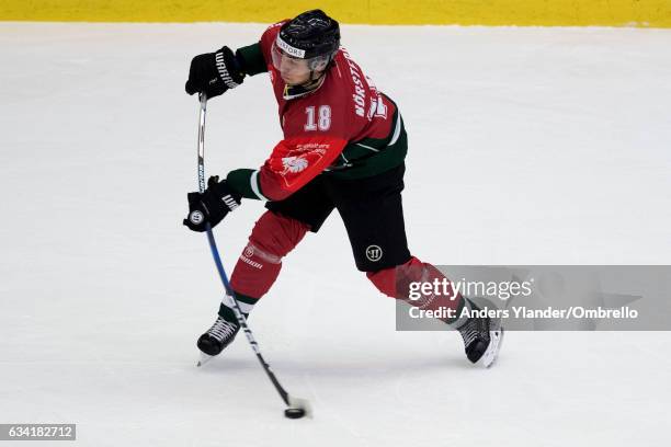 Mattias Norstebo of the Frolunda Gothenburg takes a shot during the Champions Hockey League Final between Frolunda Gothenburg and Sparta Prague at...