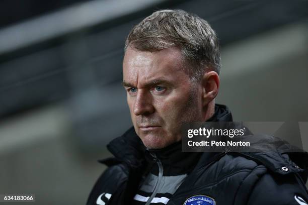 Oldham Athletic manager John Sheridan looks on prior to the Sky Bet League One match between Milton Keynes Dons and Oldham Athletic at StadiumMK on...