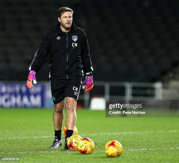 Oldham Athletic goalkeeper coach Carlo Nash during the pre match warm up prior to the Sky Bet League One match between Milton Keynes Dons and Oldham...