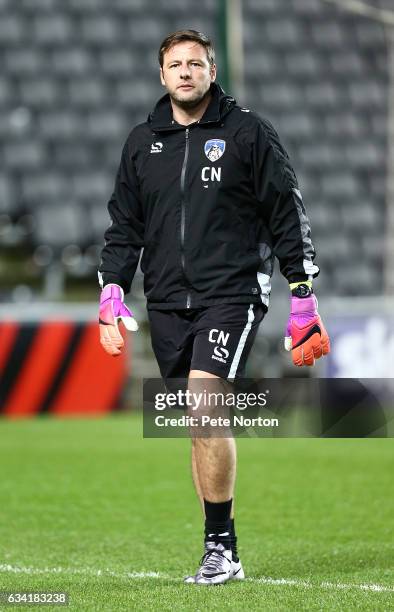 Oldham Athletic goalkeeper coach Carlo Nash during the pre match warm up prior to the Sky Bet League One match between Milton Keynes Dons and Oldham...