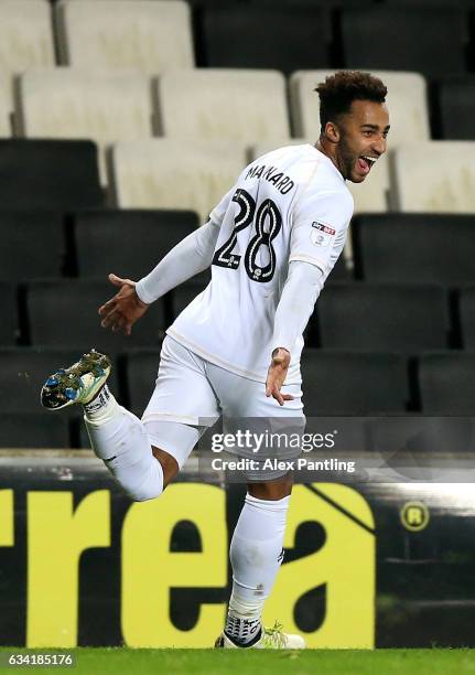 Charlie Burns of MK Dons celebrates scoring his sides first goal during the Sky Bet League One match between Milton Keynes Dons and Oldham Athletic...