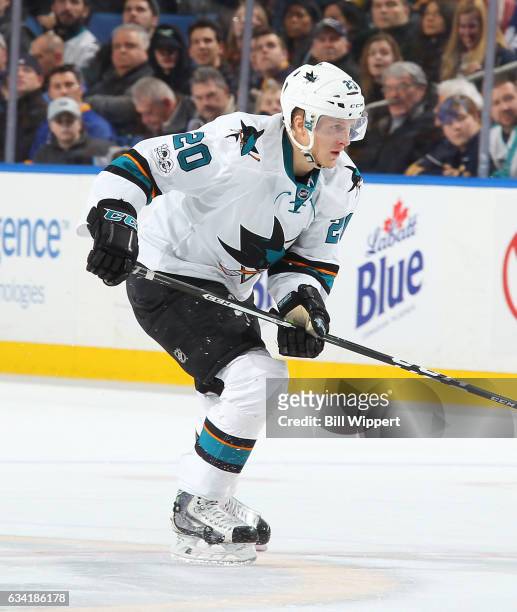 Marcus Sorensen of the San Jose Sharks skates in his first NHL game against the Buffalo Sabres at the KeyBank Center on February 7, 2017 in Buffalo,...