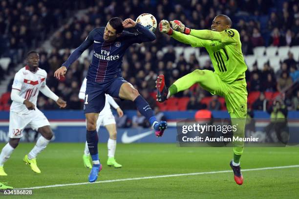 Angel Di Maria of Paris Saint-Germain and Vincent Enyeama of Lille OSC fight for the ball during the Ligue 1 match between Paris Saint-Germain and...