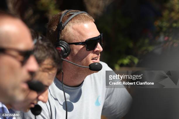 Former player Dustin Fletcher commentates during the Essendon Bombers AFL intra-club match at True Value Solar Centre on February 8, 2017 in...