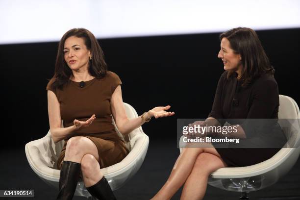 Sheryl Sandberg, billionaire and chief operating officer of Facebook Inc., left, and Lori Goler, vice president of people and recruiting at Facebook...