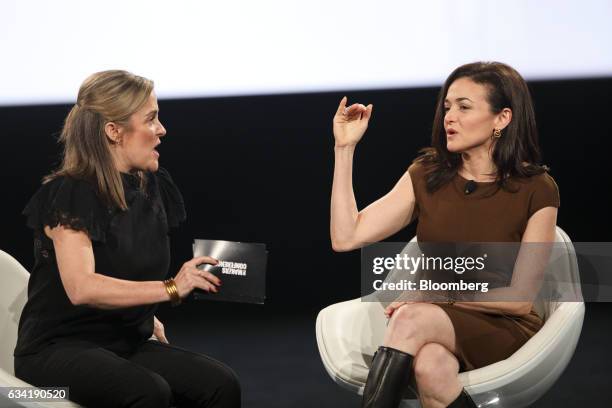 Dyllan McGee, founder and executive producer of MAKERS, left, and Sheryl Sandberg, billionaire and chief operating officer of Facebook Inc.,...