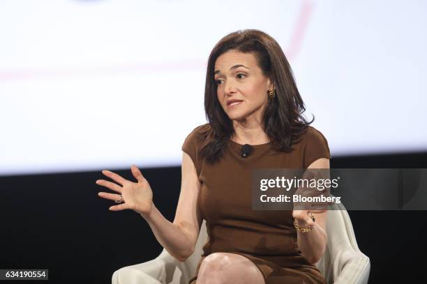 Sheryl Sandberg, billionaire and chief operating officer of Facebook Inc., participates in a panel discussion during the 2017 MAKERS Conference in...