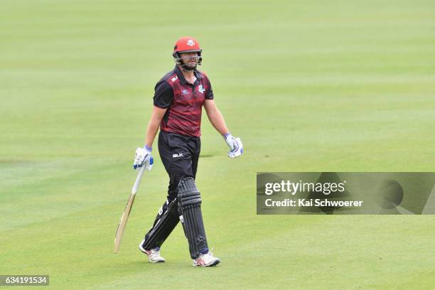 Peter Fulton of Canterbury looks dejected after being dismissed by Luke Woodcock of Wellington during the Ford Trophy match between Canterbury and...