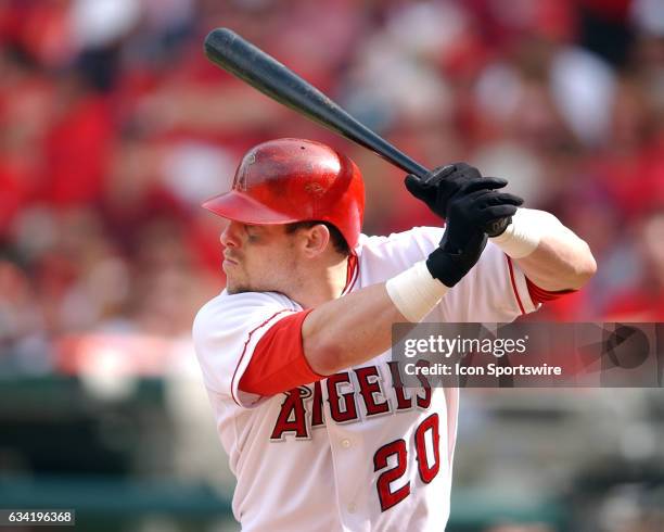 Anaheim Angels designated hitter Brad Fullmer at home plate during an at bat against the Minnesota Twins during game five of the 2002 American League...