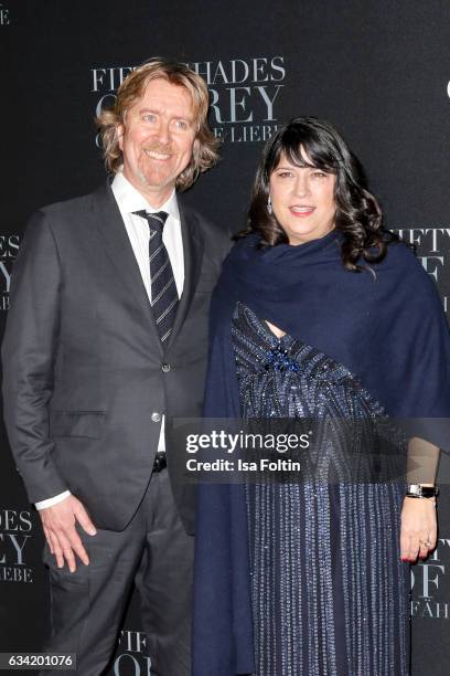 Author and producer E. L. James and her husband Niall Leonard attend the European premiere of 'Fifty Shades Darker' at Cinemaxx on February 7, 2017...