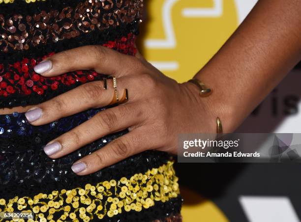 Actress Yara Shahidi, jewelry detail, arrives at the 15th Annual Visual Effects Society Awards at The Beverly Hilton Hotel on February 7, 2017 in...