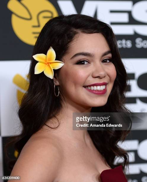 Actress Auli'i Cravalho arrives at the 15th Annual Visual Effects Society Awards at The Beverly Hilton Hotel on February 7, 2017 in Beverly Hills,...