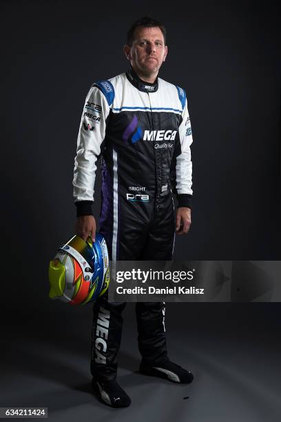 Jason Bright driver of the Mega Limited Prodrive Racing Ford Falcon FGX poses during a portrait session during the 2017 Supercars media day on...