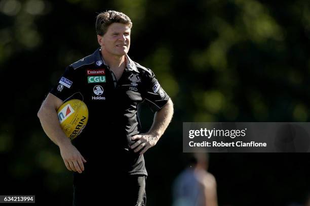 Assistant coach Robert Harvey looks on during the Collingwood Magpies AFL intra-club match at Olympic Park on February 8, 2017 in Melbourne,...