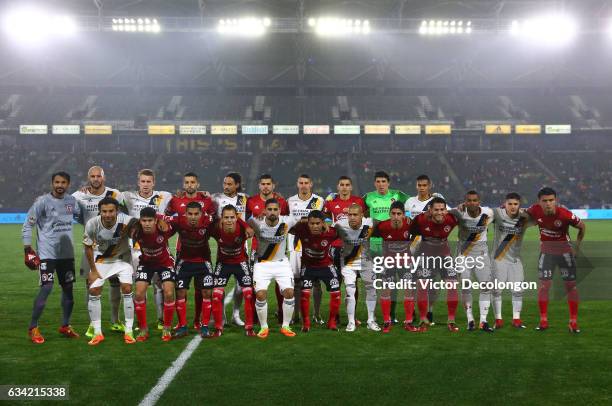 The Club Tijuana and Los Angeles Galaxy Starting XI come together for a group photo prior to their friendly match against Los Angeles Galaxy at...