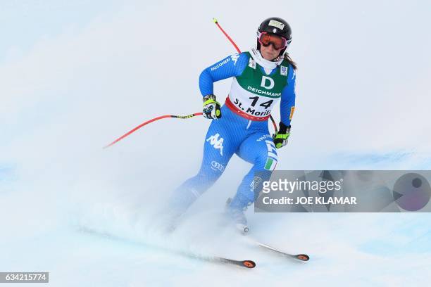 Italy's Elena Fanchini reacts as she arrives in the finish area during a training session of the women's downhill race at the 2017 FIS Alpine World...
