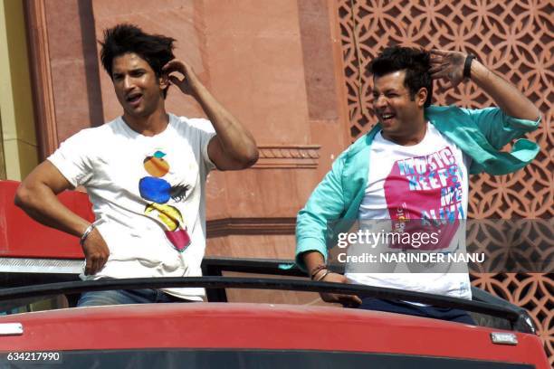 Indian actors Sushant Singh Rajput and Varun Sharma perform a dance routine during filming on the set of the forthcoming Bollywood film " Raabta "...