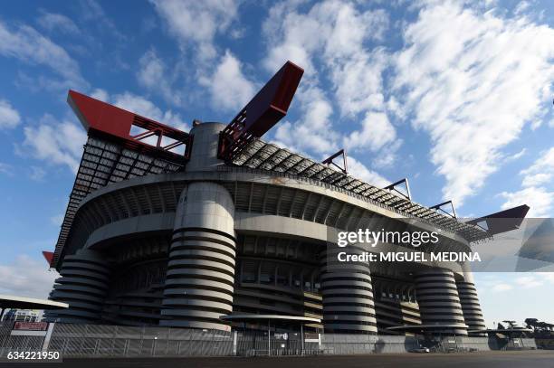 Picture taken on February 7, 2017 shows the Stadio Giuseppe Meazza, commonly known as San Siro in Milan. San Siro is the home of A.C. Milan and Inter...