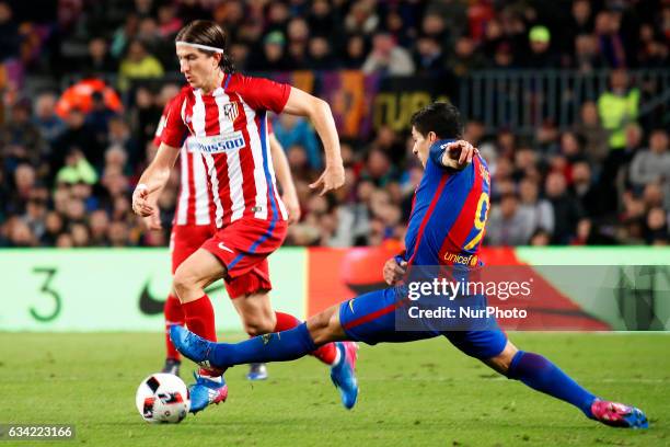 Filipe Luis and Luis Suarez during the 1/2 final King Cup match between F.C. Barcelona v Atletico de Madrid, in Barcelona, on February 07, 2017....