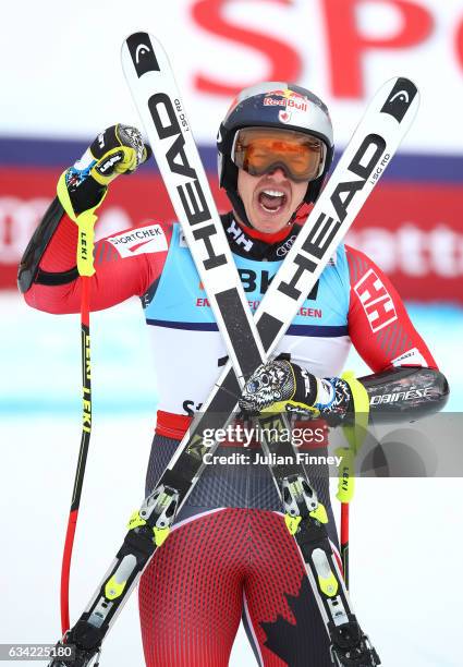 Erik Guay of Canada celebrates after finishing his run during the Men's Super G during the FIS Alpine World Ski Championships on February 8, 2017 in...