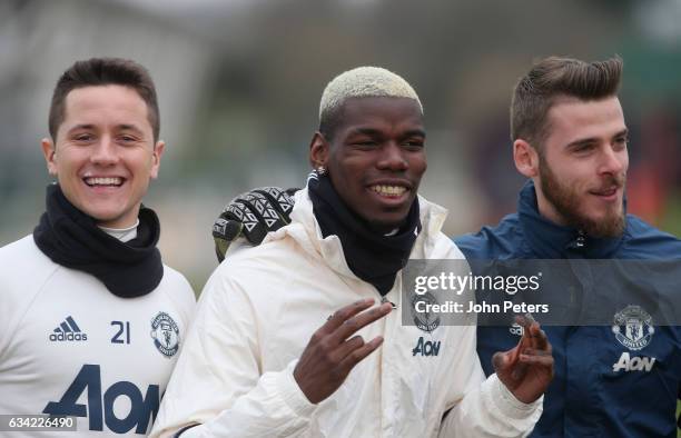 Ander Herrera, Paul Pogba and David de Gea of Manchester United in action during a first team training session at Aon Training Complex on February 8,...