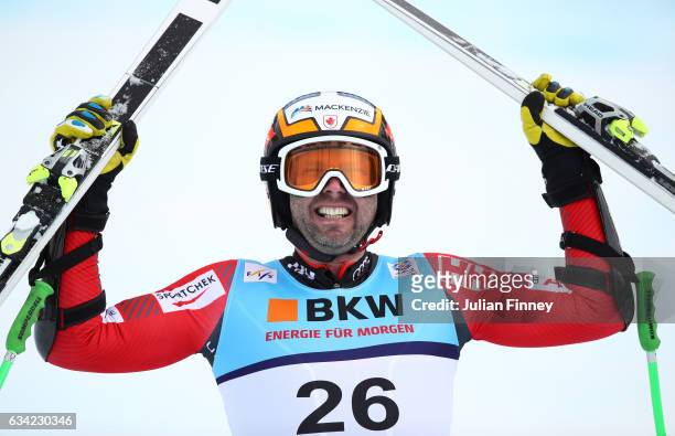 Manuel Osborne-Paradis of Canada celebrates during the Men's Super G during the FIS Alpine World Ski Championships on February 8, 2017 in St Moritz,...